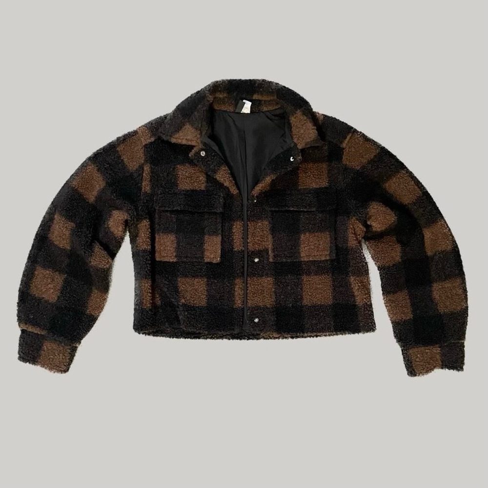 Cropped Teddy Jacket Brown & Black Plaid - Divided H&M Sz Small